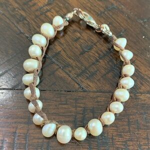 Elegant Natural Pearl Bracelet with Brown Leather Cord